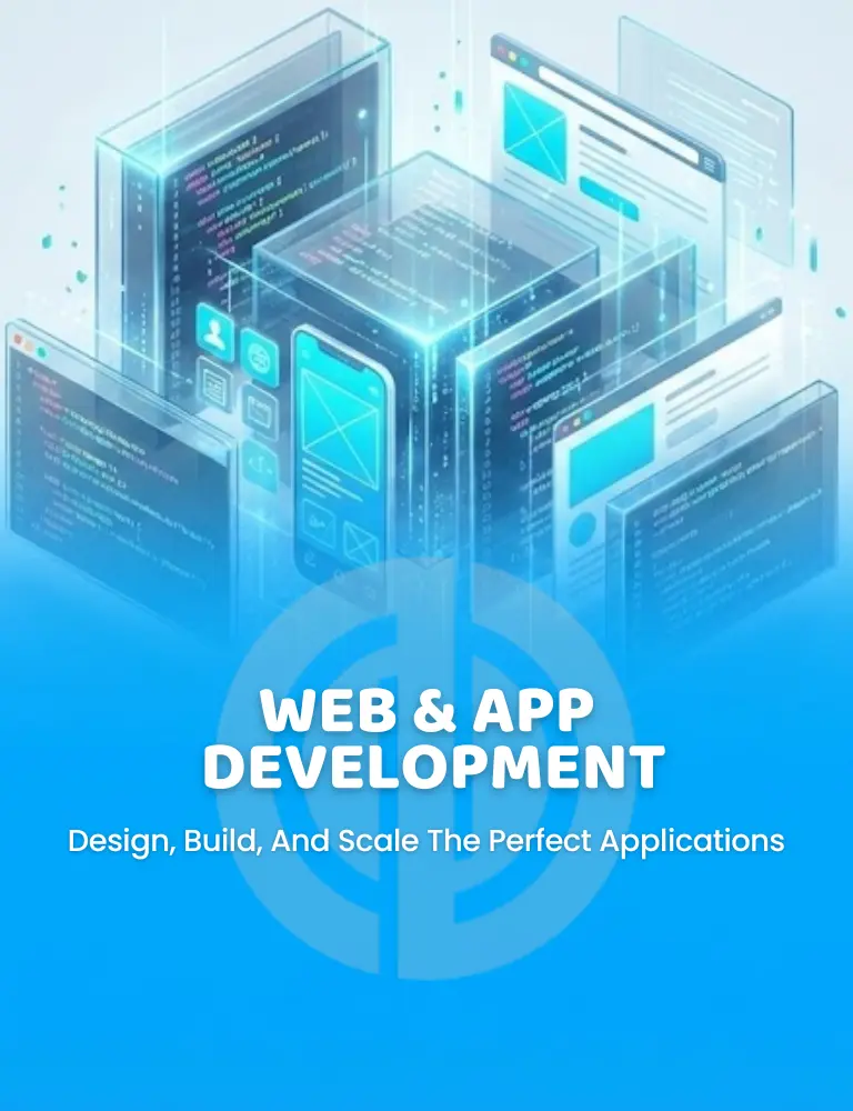 Web and app development banner with digital screens, code visuals, and scalable design tagline.