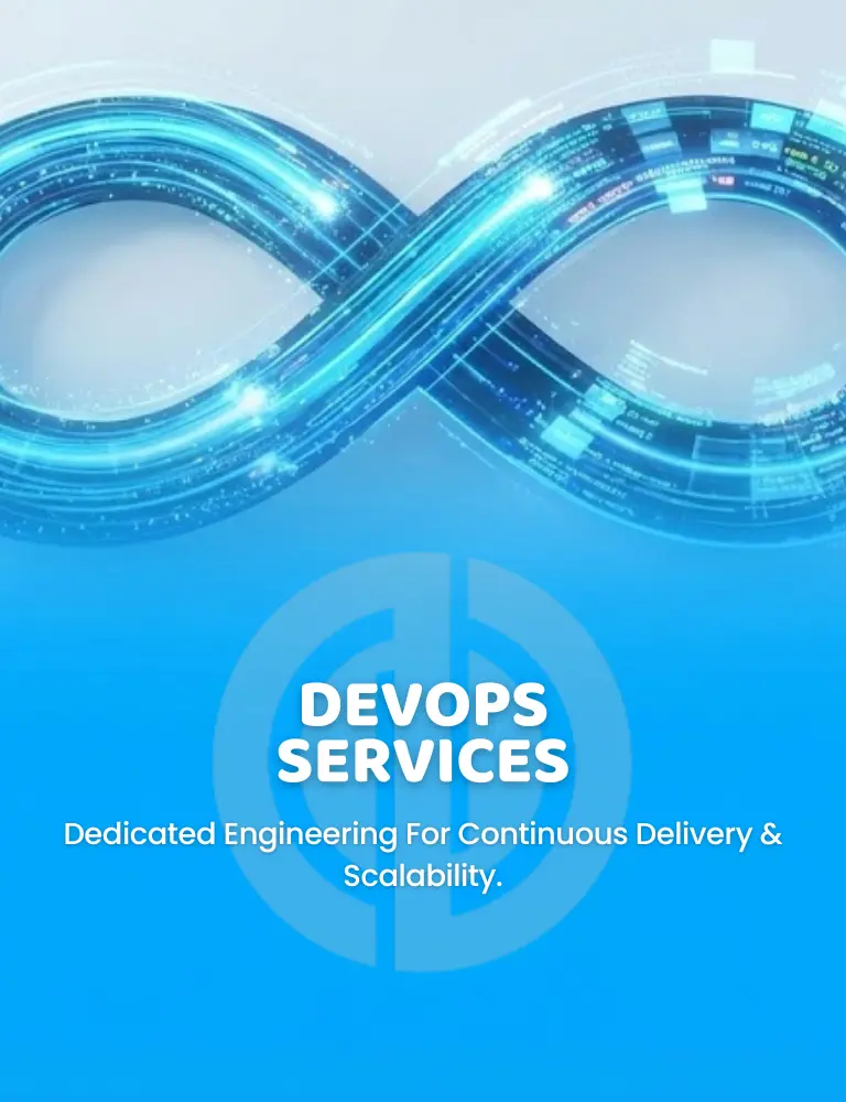 DevOps infinity loop with digital graphics and service tagline.