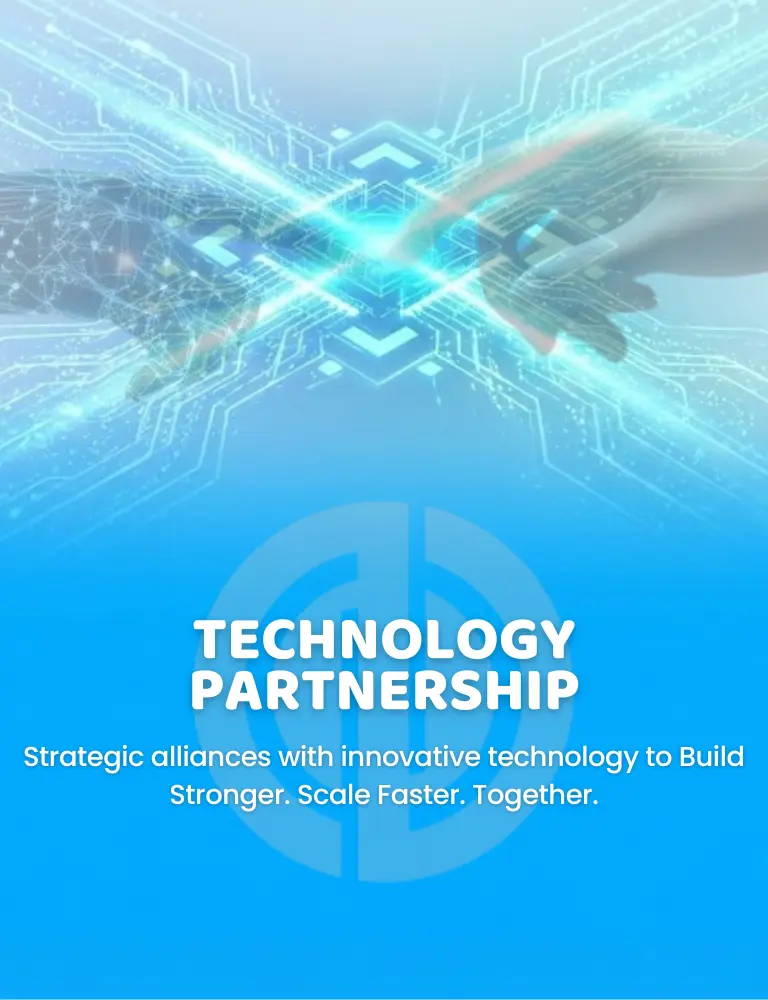 Technology partnership banner with human and robotic hands, digital interface, and innovation tagline.