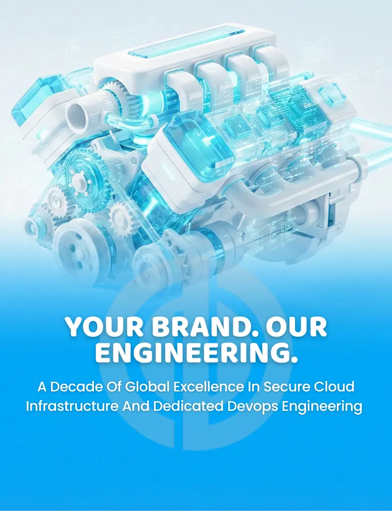 Whitelabel engineering banner with 3D mechanical engine and enterprise-grade branding tagline.